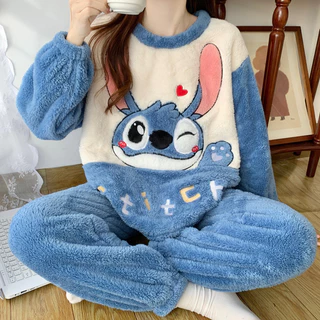 Pijama Stitch Feminino Inverno Flanela - Conjunto Aquecido Jovem com Capuz para Noites Frias em Oferta na Shopee
