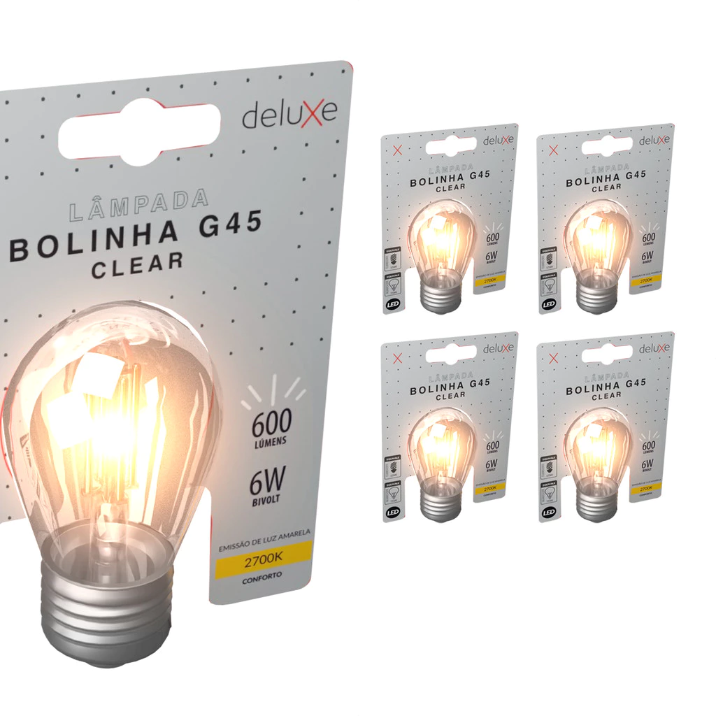 Kit 5 Lampada Led Bolinha G45 Clear 6w 2700K E27 Deluxe