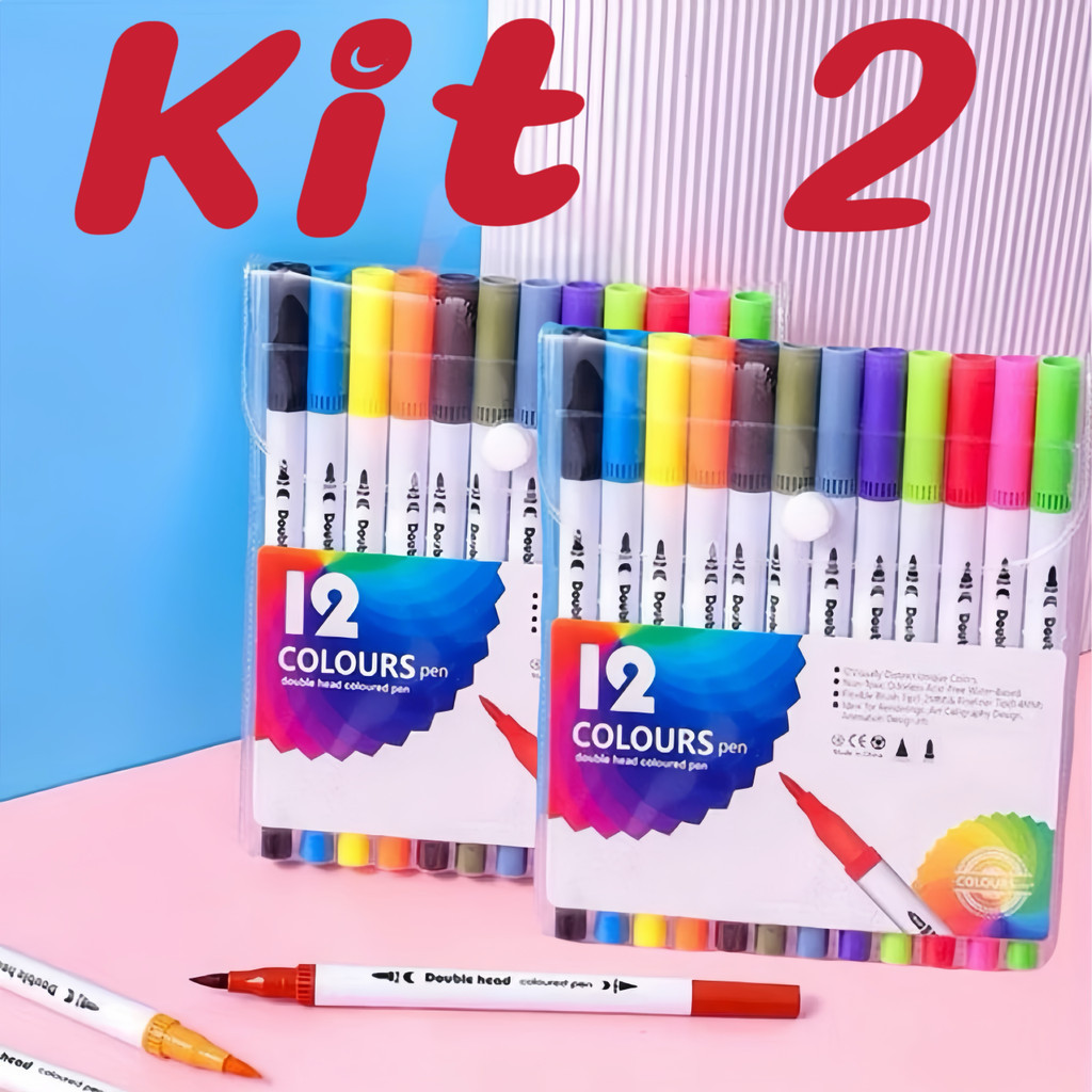 Kit 2 12 Cores Caneta Brush Ponta Pincel Lettering Duas Pontas marisa ...