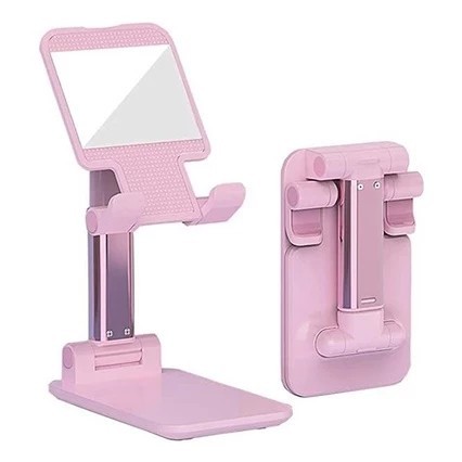 Suporte De Mesa Para Celulares Tabletes Articulado e Ajustável Até 8 Polegadas Rosa Com Espelho