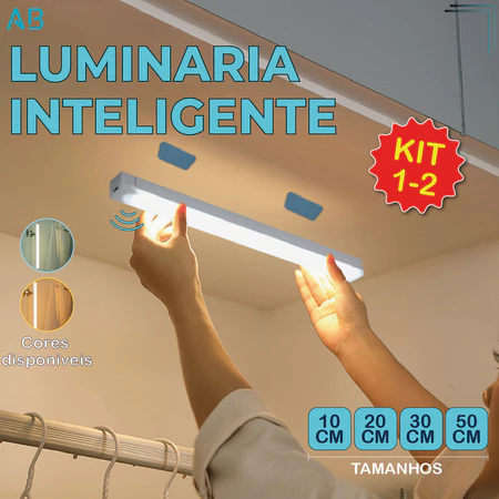 Kit 2 Smart Luminária Inteligente Ultra LED com sensor de movimento sem fio e Recarregável USB fino barra 10 20 30 50cm