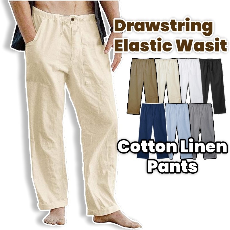 Calças De Linho Casuais Masculinas Cintura Elástica Cordão Praia Yoga Leves Perna Reta Compridas Com Bolsos