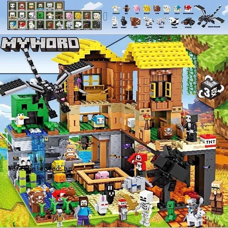 1.000pcs Minecraft Series Integrado Compatível Lego Jungle Waterfall Steve Tree House Boys Meninas Montagem Educacional 
