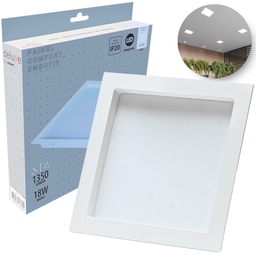 Painel Led Recuado 18w Quadrado 6500k Comfort Branco Frio 20cm 110V/220V Bivolt Branco Fosco Cód: 908061374 - Deluxe
