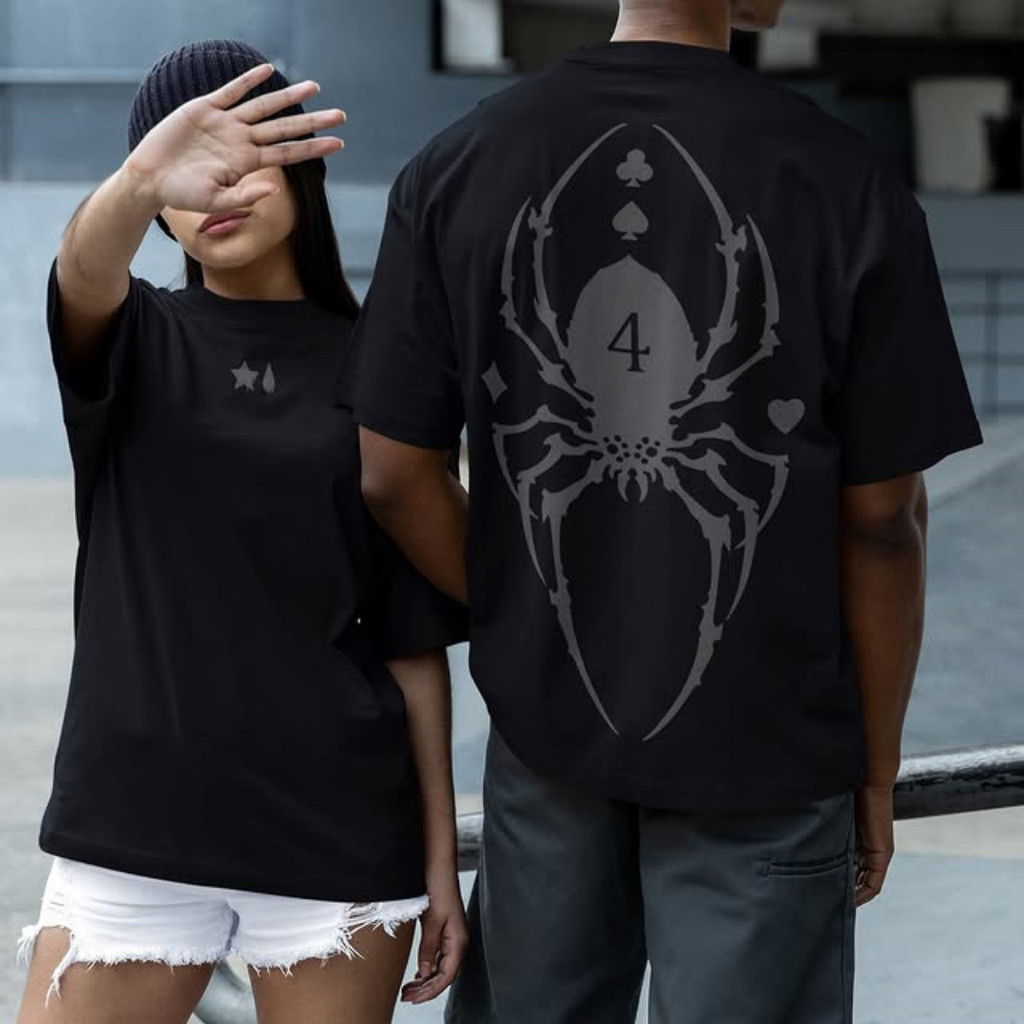 Camiseta Streetwear Plus Size Spider Skull Symbol T-shirt Caveira Punk Goth Unissex de Manga Curta