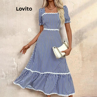 Lovito Vestido Boho Listrado Contraste Fita Estrutura Linha Vestido Mangas Puffs Para Mulheres LBL16576 em Oferta na Shopee