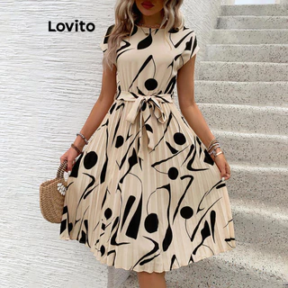 Lovito Vestido Boho com estampa geométrica plissada para mulheres LNL72153