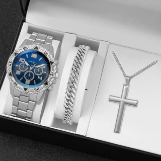 Relógio 3Pcs Masculino Prata Preto de Quartzo + Pulseira Grossa e Colar com Cruz