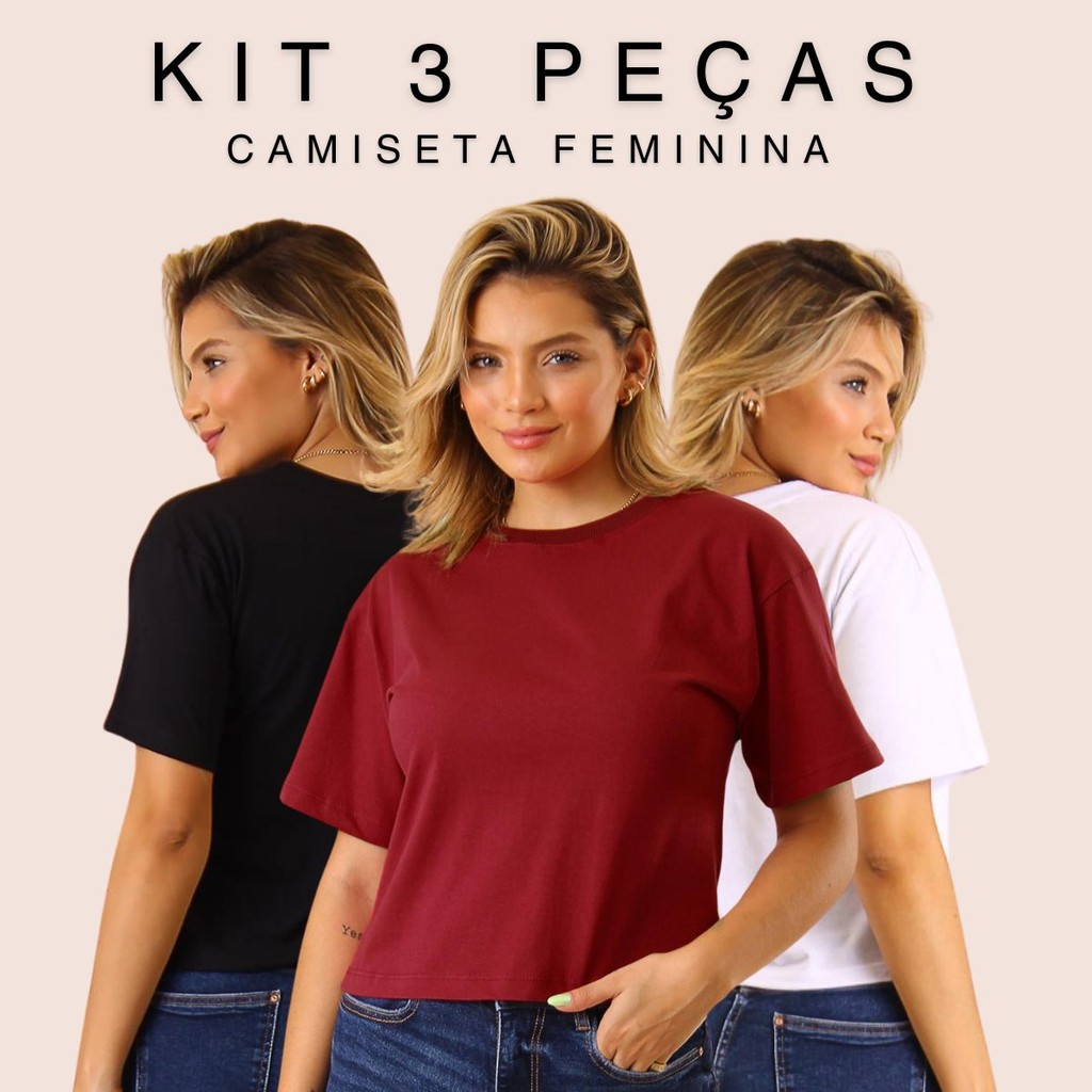 Kit 3 Camiseta Básica Feminina Blusa T-Shirt Oversized Alba Algodão ...