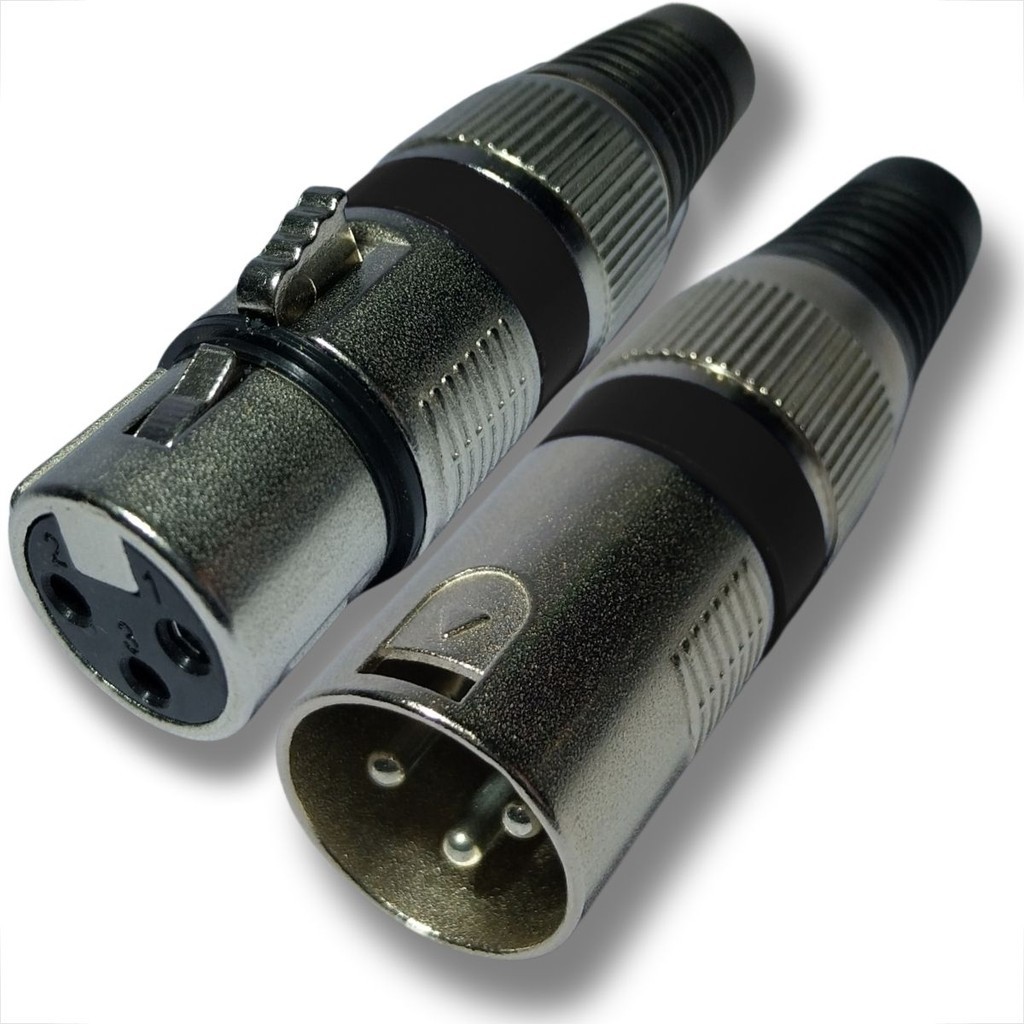 KIT 2 CONECTORES XLR PLUG FEMEA E MACHO CANNON METAL 3 POLOS PAINEL ...