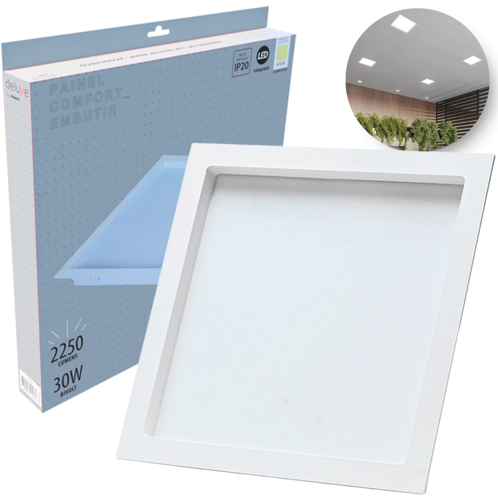 Painel Led Recuado 30w Quadrado 4000k Comfort Branco Neutro 34cm 110V/220V Bivolt Branco Fosco Cód: 908130872 - Deluxe