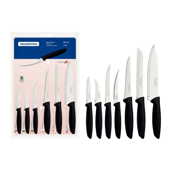 Jogo de Facas Tramontina Preto Plenus 7 Peças Aço Inox Cozinha Faqueiro Multiuso Durável Uso Geral