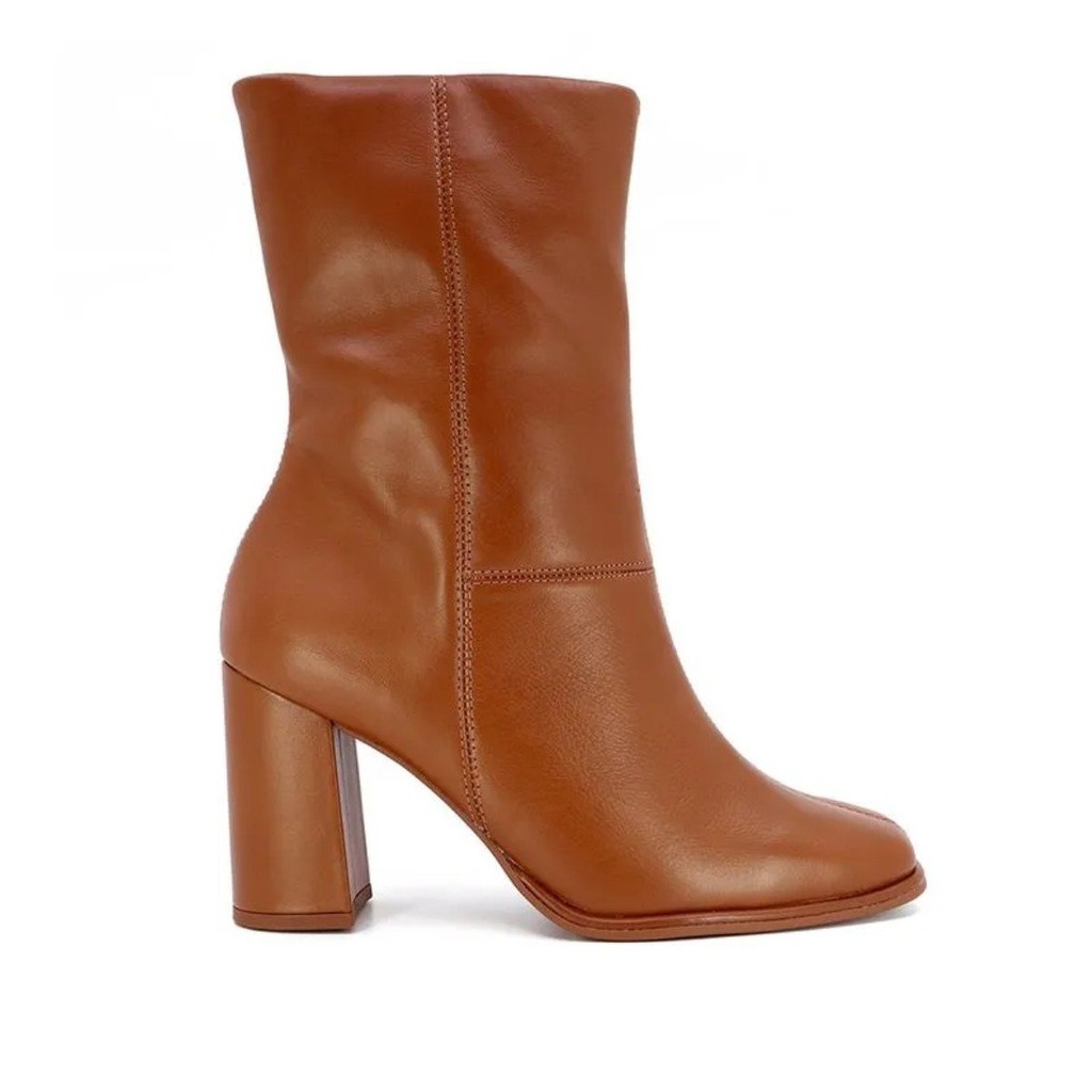 Bota Feminina Usaflex Salto Bloco Canela Couro Costura Marrom