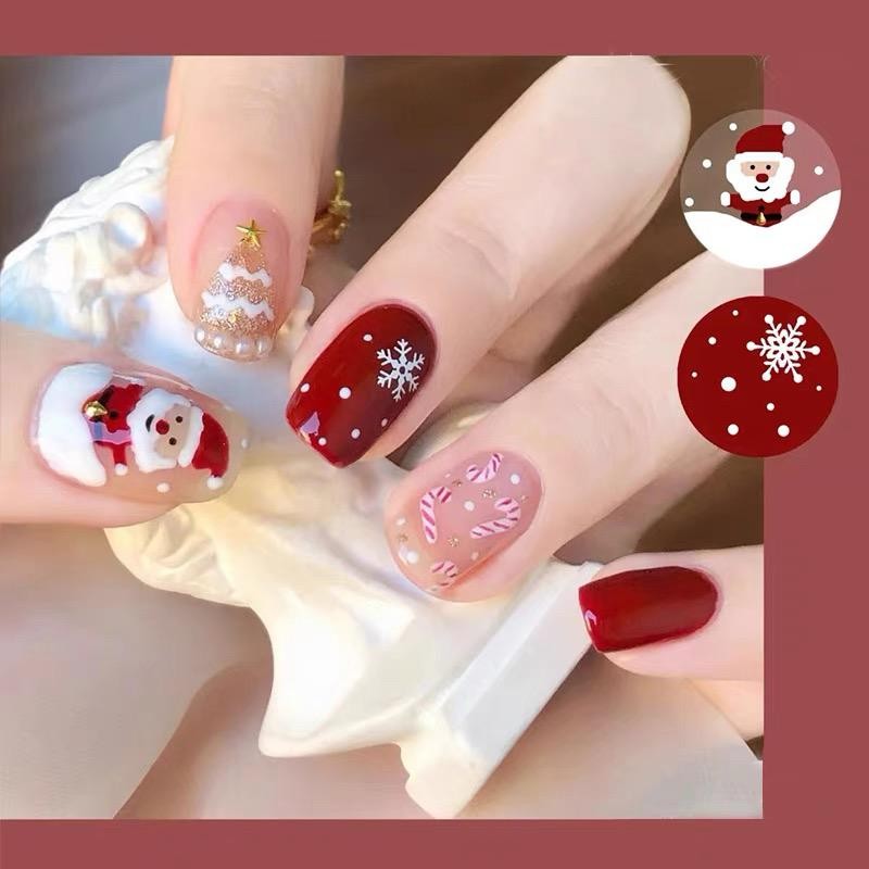 Unha postiça realista.Natal/Presentes de Ano.Papai Noel adorável e flocos de neve/amendoadas/kit unha