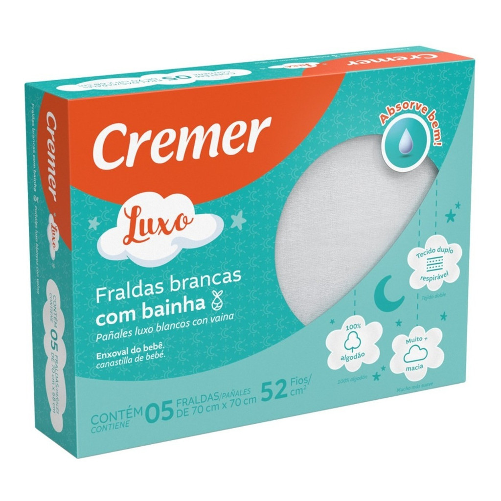 Fralda De Pano Luxo Branca Cremer Com Bainha 5 Unidades