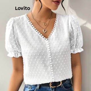 Lovito Blusa romântica simples em jacquard com babados e gola para mulheres LBL15048