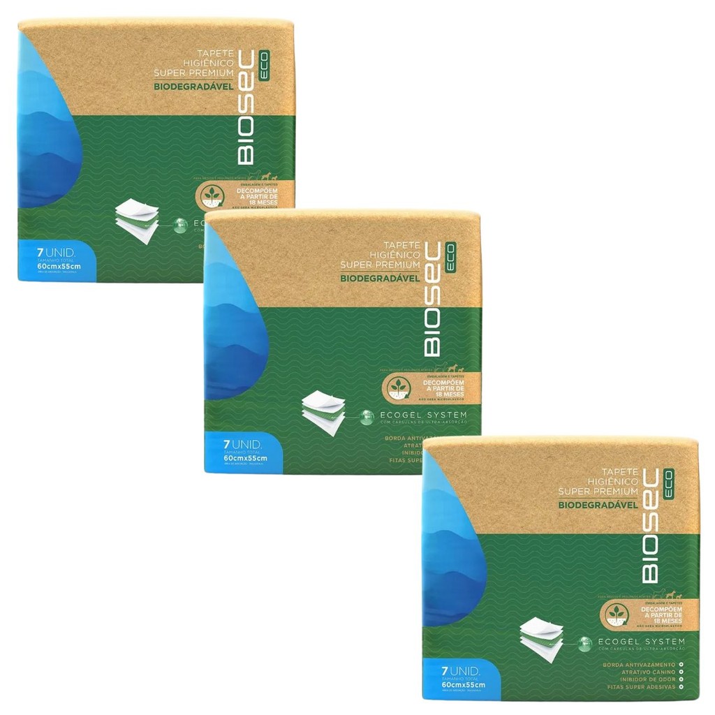 KIT3 TAPETE HIGIENICO BIODEGRADÁVEL BIOSEC ECO 60 X 55 - 7 UNIDADES ...