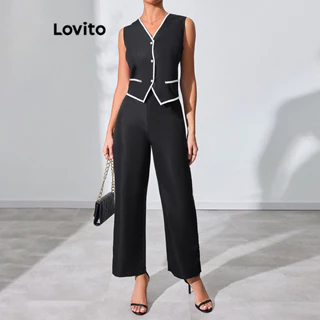 Lovito Conjuntos elegantes de calças assimétricas frontais com botão de contraste liso para mulheres LBL15086