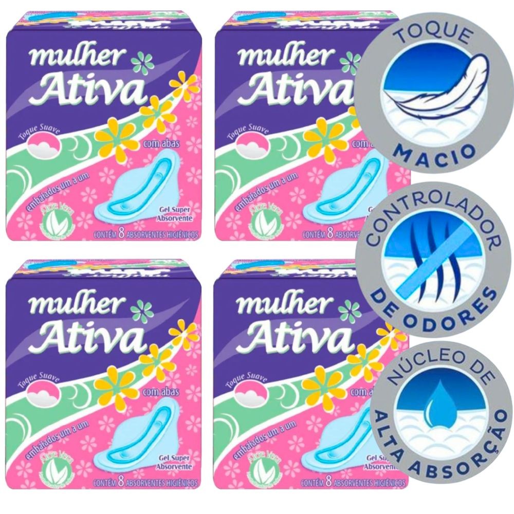 Kit 4 Absorvente Suave Com Abas Anti Odor 8Un - Mulher Ativa | Shopee ...