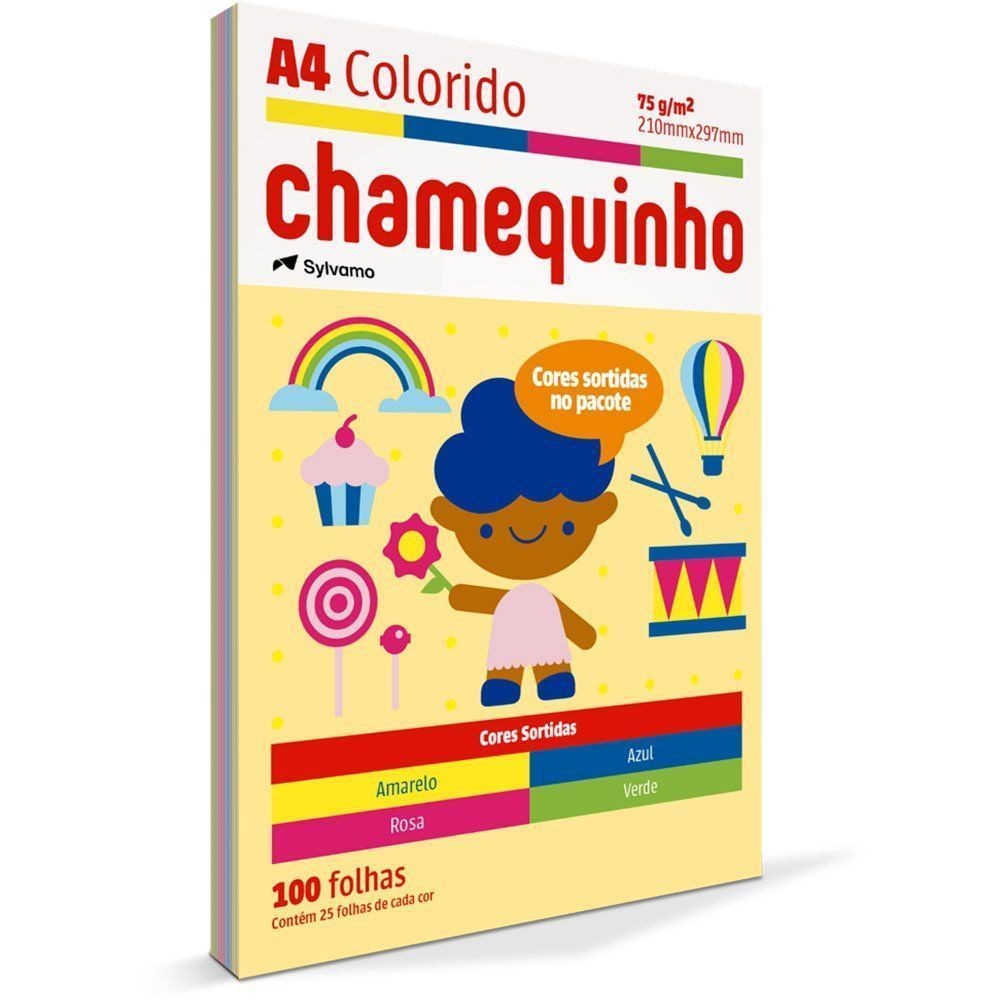Papel Chamequinho A4 75g Colorido (Amarelo, Azul, Rosa e Verde) 100Fls