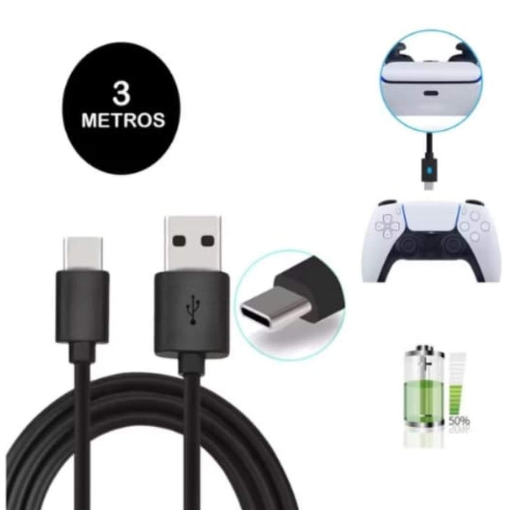 Cabo 3 Metros Carregador Controle Ps5 Xbox Series Usb-C Celulares