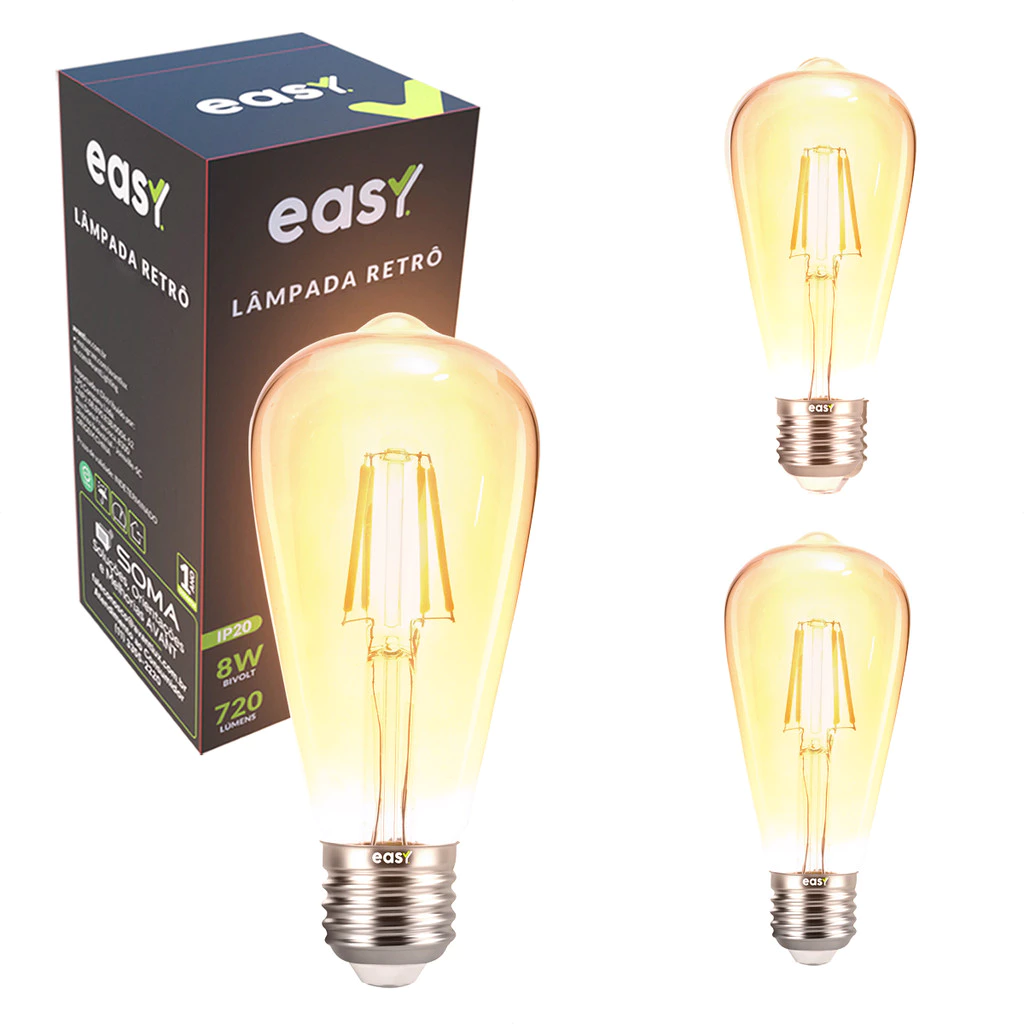 Kit 3 Lâmpadas de Led ST64 Retro Vintage Ambar 8w 2400k E27 Bivolt Easy Luz Quente