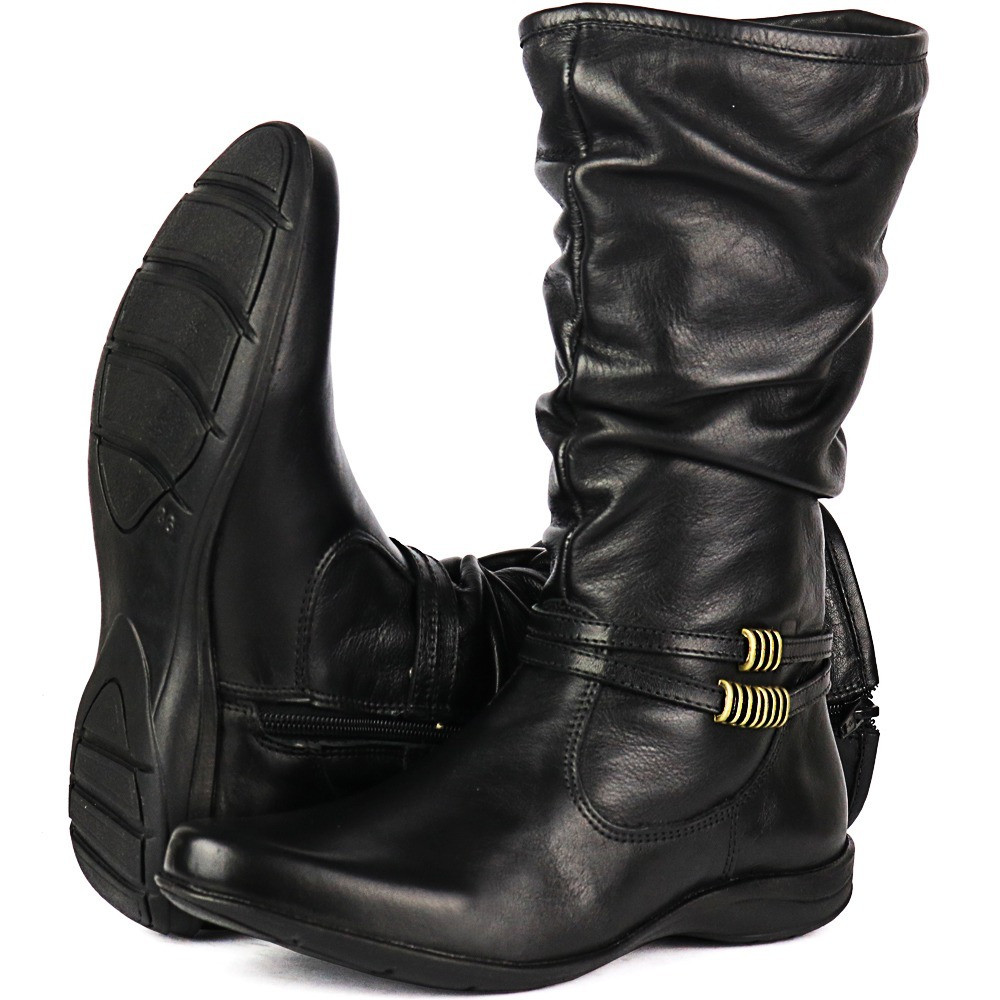 Bota Feminina Couro Sem Salto Cano Médio Confortável Preta | Shopee Brasil