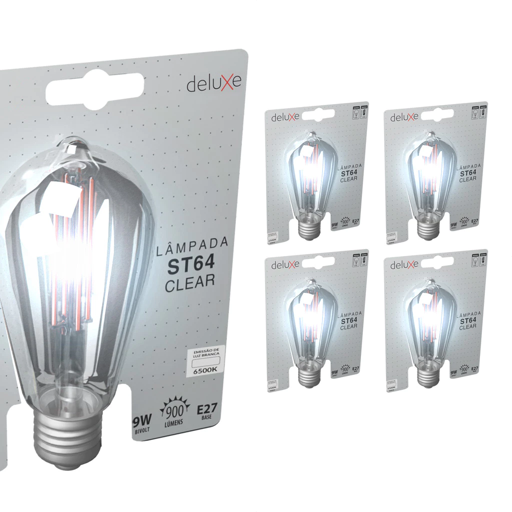 Kit 5 Lampadas Led ST64 Clear 9w 6500k Branco Frio E27 110v/220v Ip20 Cod: 352211370-5 Deluxe By Avant