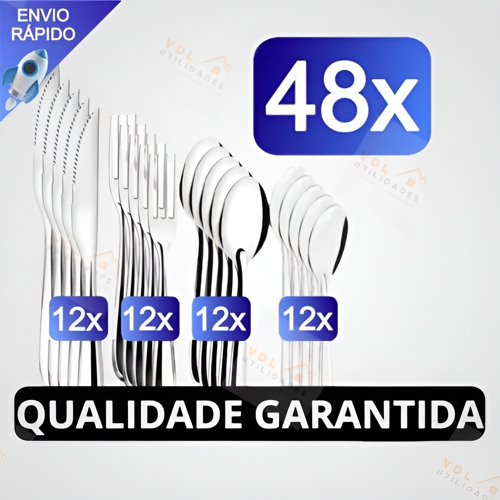 Jogo de Talheres 48 peças Aço Inox 12 Facas 12 Garfos de Mesa 12 Colheres e 12 Colheres de Sobremesa