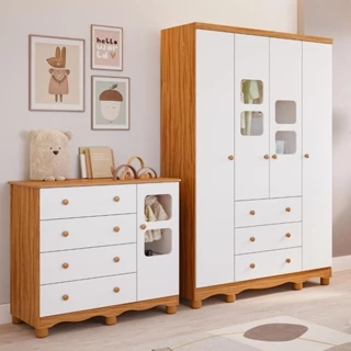 Quarto de Bebê Completo com Guarda Roupa Uli 4 Portas Cômoda Uli 4 Gavetas 100%MDF Móveis Peroba