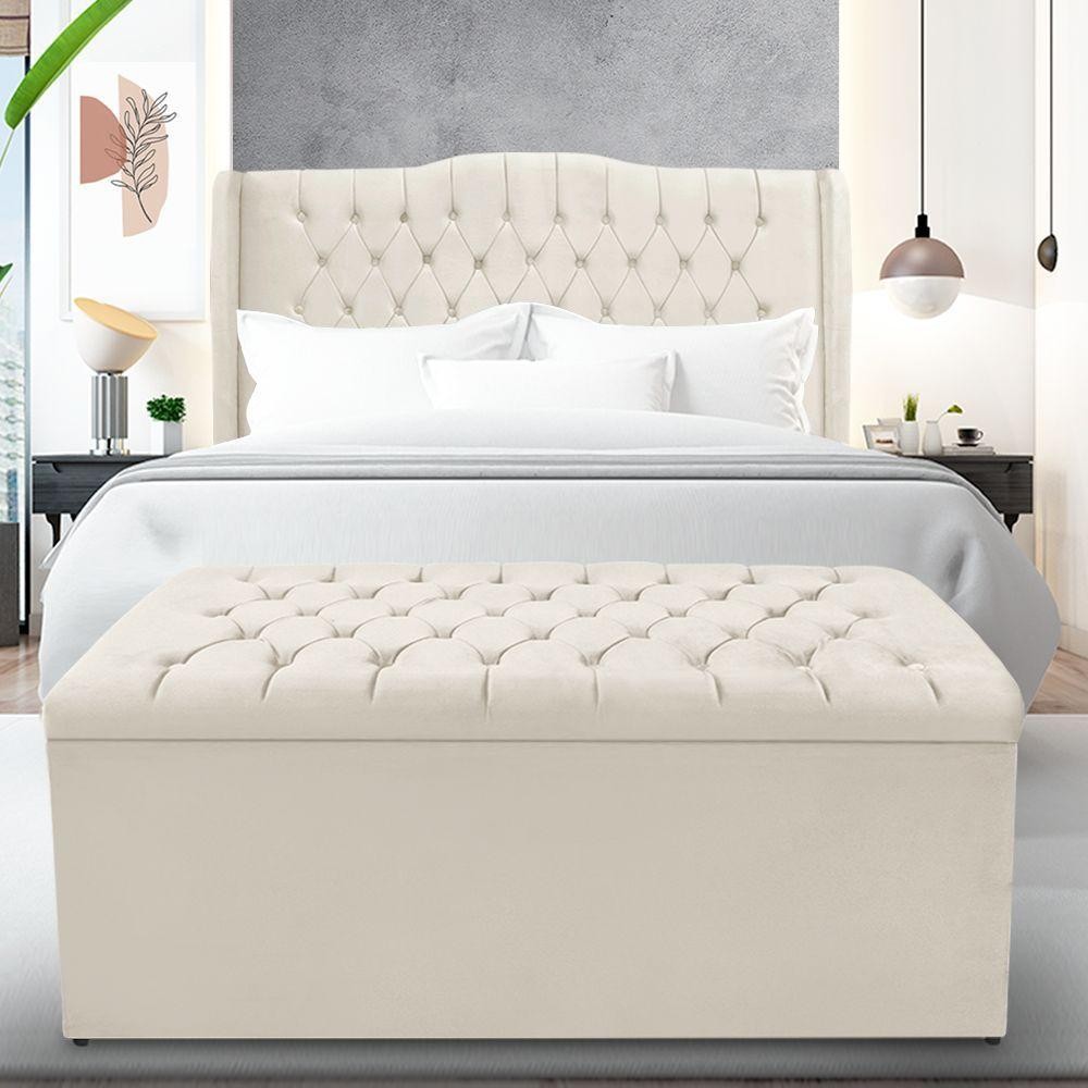 Kit Cabeceira E Calçadeira Baú Dubai Casal 140 Cm - Veludo Bege Claro