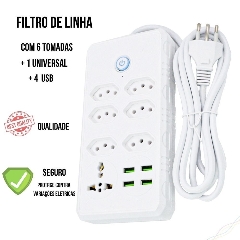 Régua Filtro de Linha com 7 Tomadas Extensão Elétrica 1 Universal 4 USB Bivolt 10A 110v/220v Cabo de 2 Metros Seguro