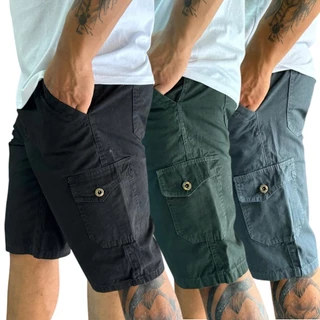Kit 3 Bermuda Masculina Cargo Brim Sarja Jeans 6 Bolsos