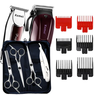 KitMaquinas de Cortar Cabelo + Kit Tesouras Profissionais Para Barbeiro Tesoura Fio Navalha Capa Maquinas KM2600 KM032