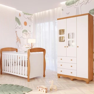 Quarto de Bebê Completo Berço Americano Marquesa 3 Em 1 Guarda Roupa Uli 3 Portas 3 Gavetas 100% MDF Móveis Peroba
