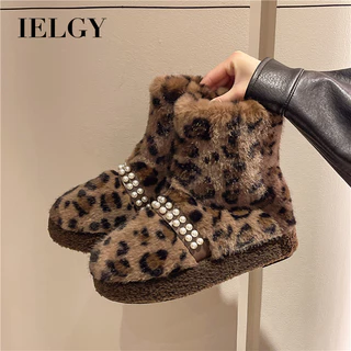 IELGY Sapatos De Pele Com Estampa De Leopardo , Botas De Neve Femininas E Curtas Espessadas De Veludo