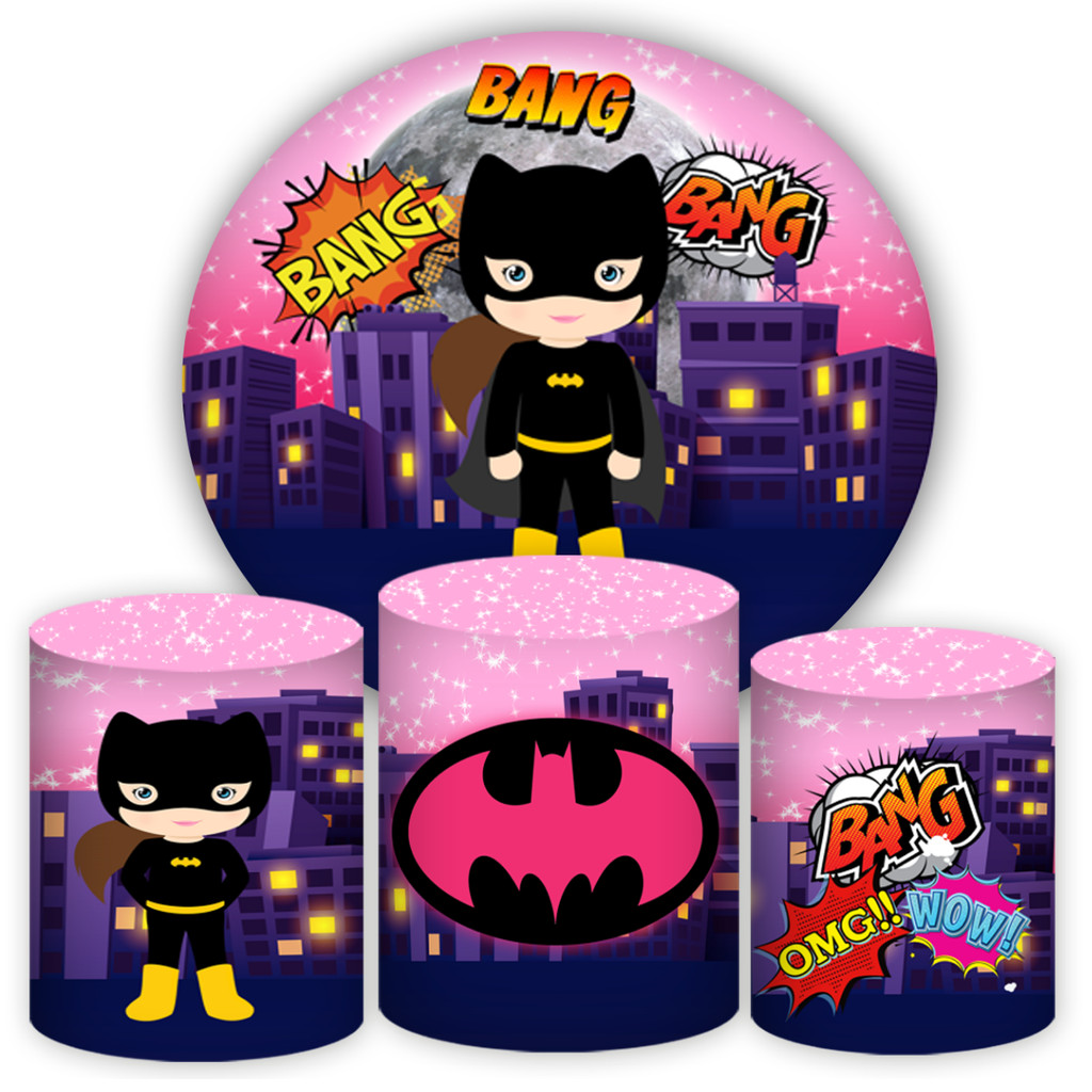 Painel Redondo + 3 Capas Cilindro BatGirl Cute Batman Rosa Cód1 ...