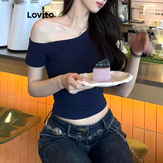 Lovito Camiseta elegante lisa de ombro frio para mulheres LNE71414