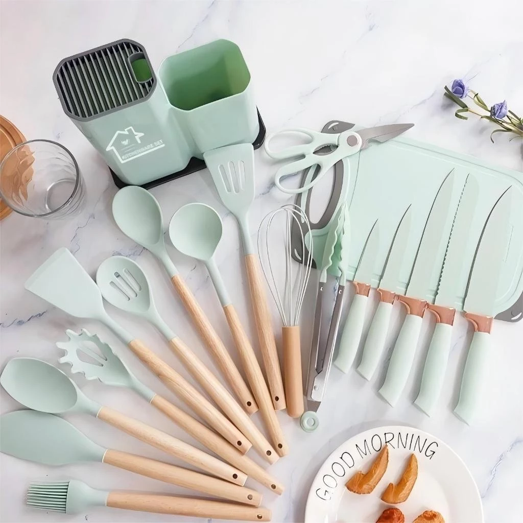 Kit Conjunto 19 Pçs De Utensílios Facas Silicone e Plástico Cozinha Jogo Completo Batedeira Colher Pegador