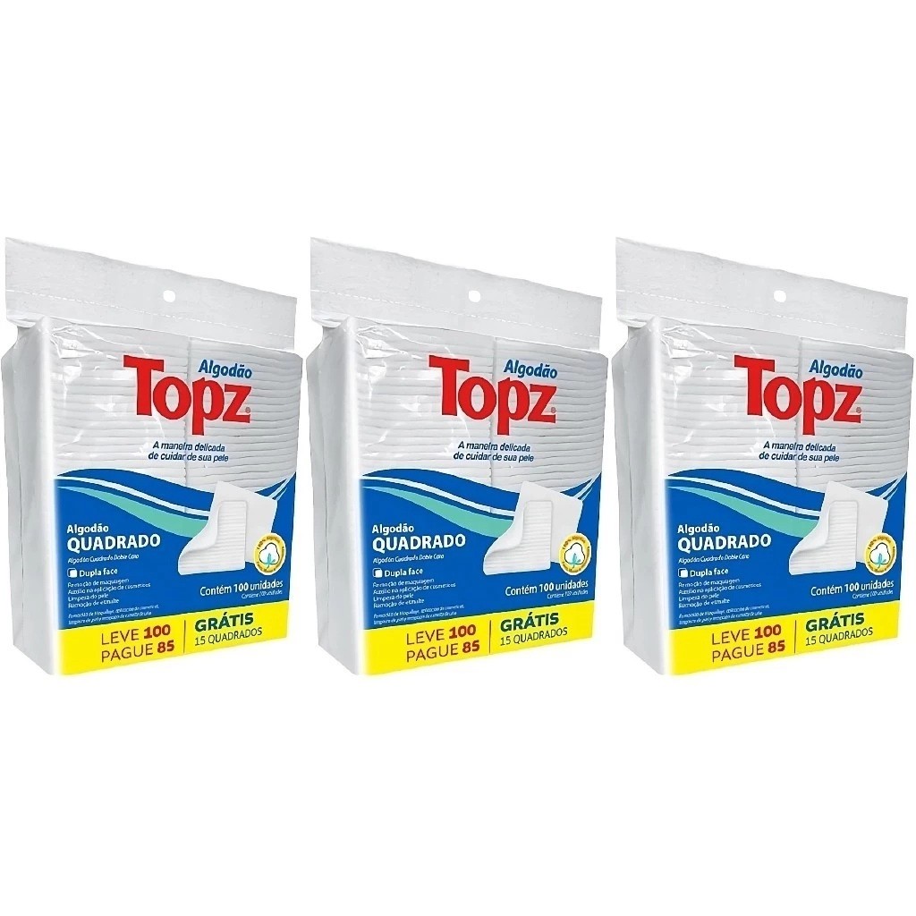KIT 3 Algodão Topz Quadrado Dupla Face Limpeza Facial 100 Un