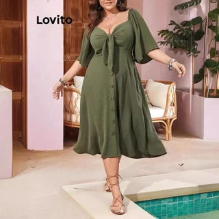 Lovito Vestido plus size casual liso com botão de renda para mulheres LNL73124