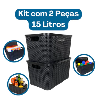 Kit Jogo De 2 Caixas Organizadoras Cestos Rattan Com Tampa 15 Litros Preto em Oferta na Shopee