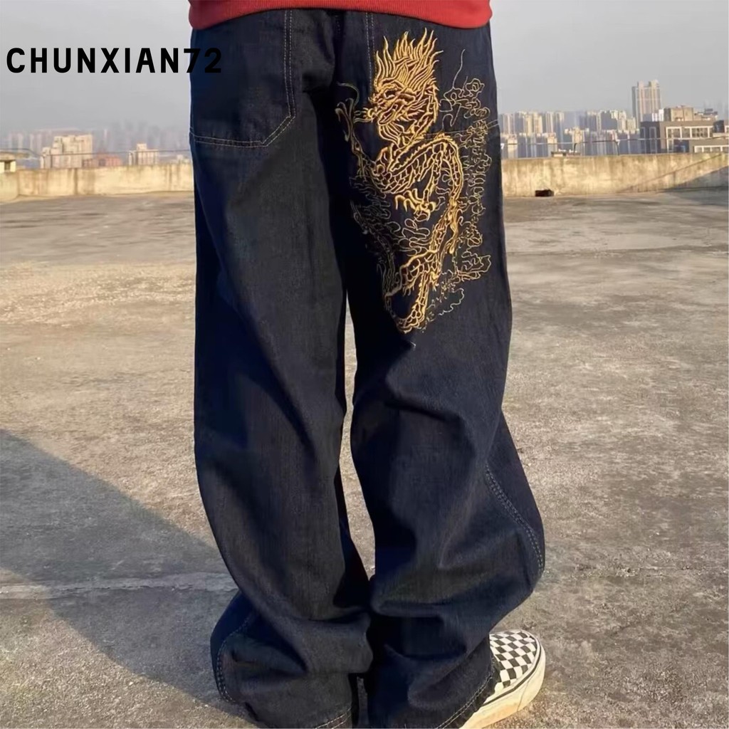 Y2K Jeans Harajuku Retro Dragão Bordado Padrão Baggy Calça Y2K Jeans Harajuku Retro Dragão Bordado Padrão Baggy Calça
