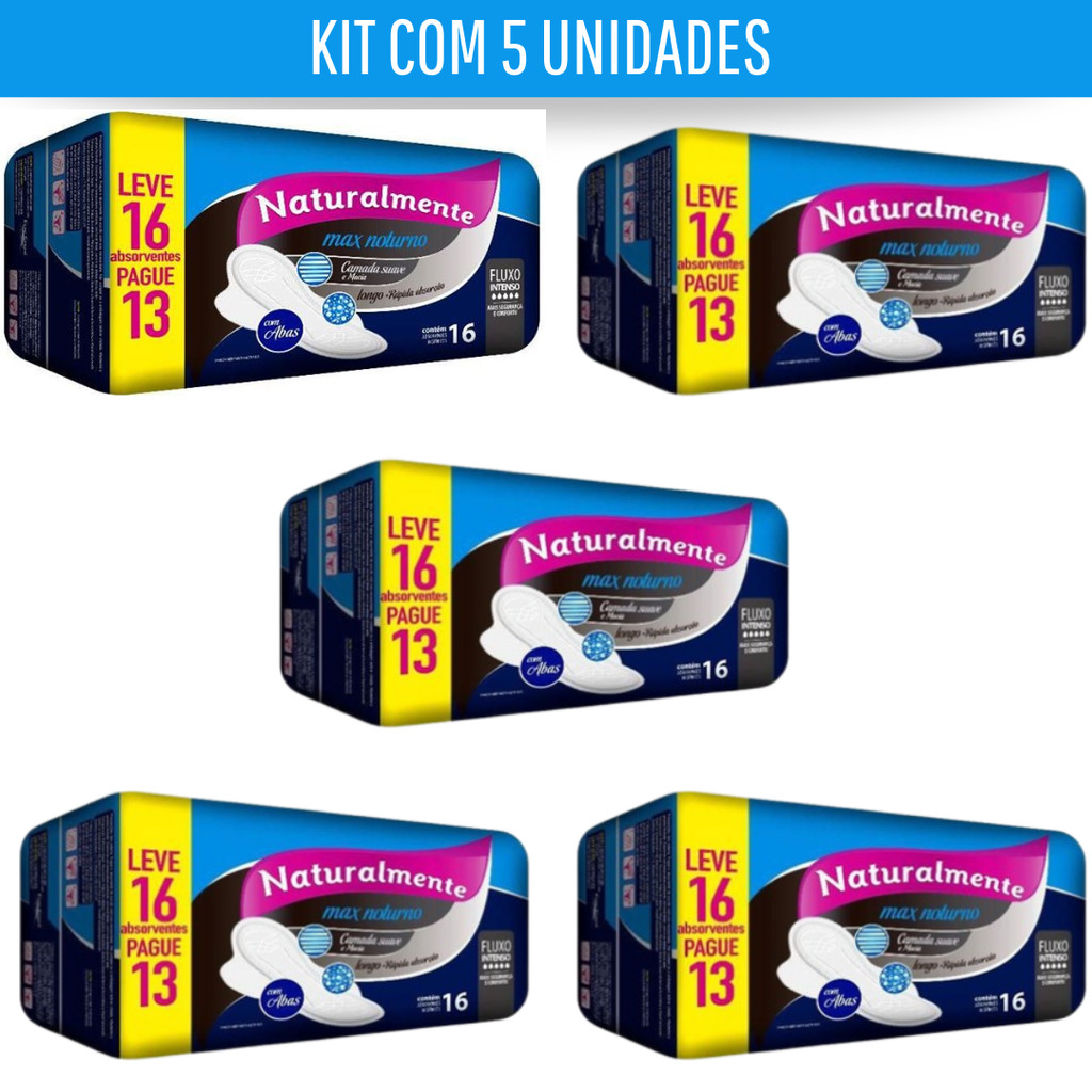 Kit 5 Absorvente Max Noturno Com Abas Naturalmente L16P13 | Shopee Brasil