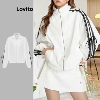 Lovito Casaco casual com listras laterais lisas e laços para mulheres AD1061178 em Promoção na Shopee Lovito Casaco casual com listras laterais lisas e laços para mulheres AD1061178