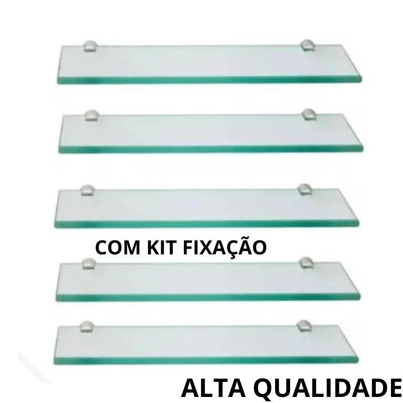 KIT 5 PRATELEIRAS DE VIDRO INQUEBRAVEL 40X10CM COM KIT FIXAÇÃO