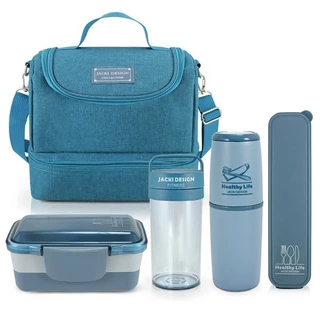 Conjunto de Bolsa Térmica c/ 2 Compartimentos, Pote Marmita e Garrafa, Porta Talher e Porta Escova Azul Jacki Design