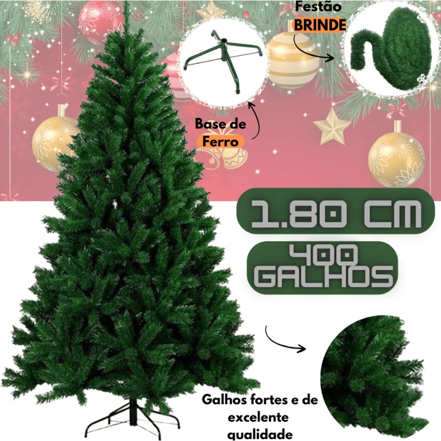 Árvore de natal Pinheiro Verde tradicional luxo 1,80m 400 Galhos cheia Envio Imediato