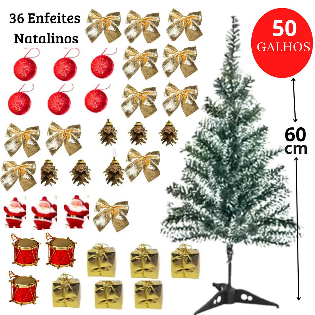 Arvore De Natal Pequena 60 Cm + Kit 36 Enfeites Decorada De Mesa Completa NEVADA