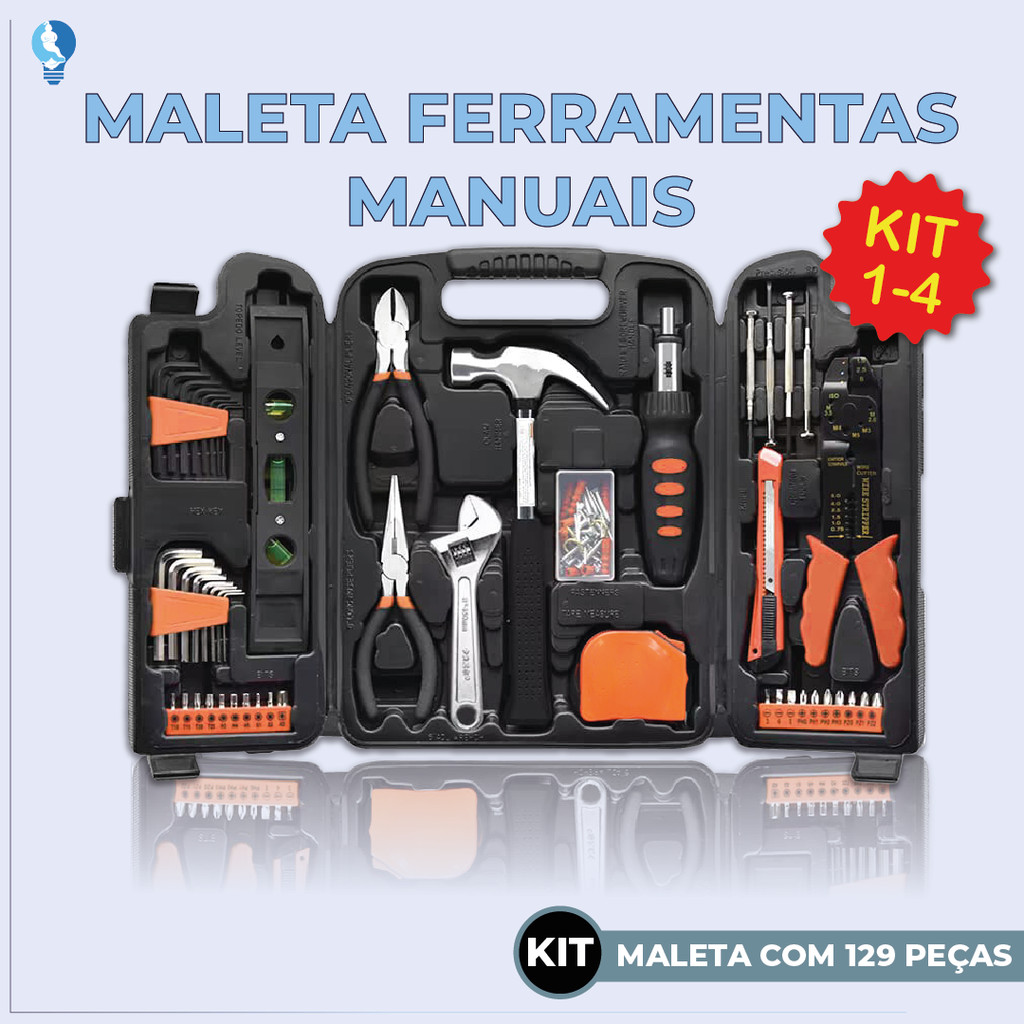 Jogo Kit de Ferramentas 129 Peças Maleta Serviços Gerais + Soquetes Chave Catraca Reversível
